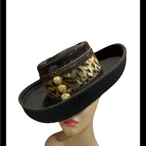 Vintage Hat Whittall &Shon Wool Felt Fedora Black Sequin leopard Print Buttons